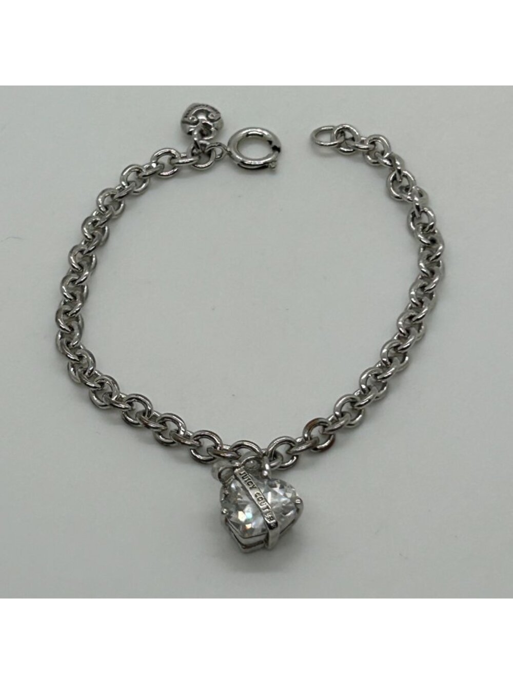 Juicy Couture Silver Bracelet Crystal Heart Charm  Banner Spring Ring Clasp 6.5"